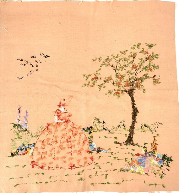 ヴィンテージ刺繍、シルクスクリーン、コットンにシルク、壁掛け