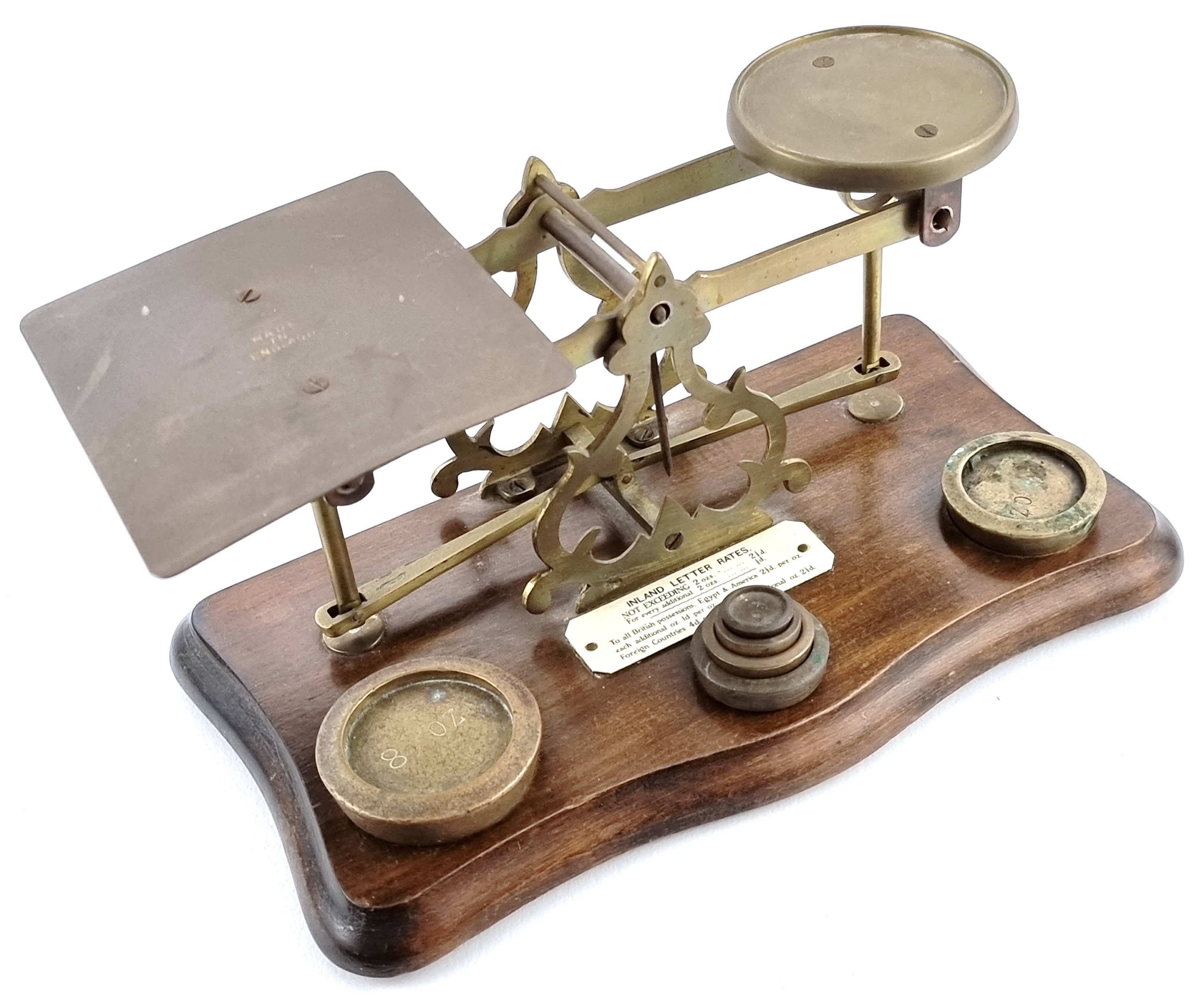 Antique Postal Scales, Letter Scales, Inland Letters, Scales With Weights,  8 Ounce Weight, Wood and Brass, Industrial Look, Desk Feature 