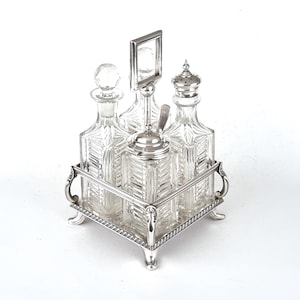 Glass Chip, Beautiful Antique, Cruet Set, Condiment Set, Silver Plate, Glass Bottles, Atkin Brothers, Four Piece Cruet, Table Feature