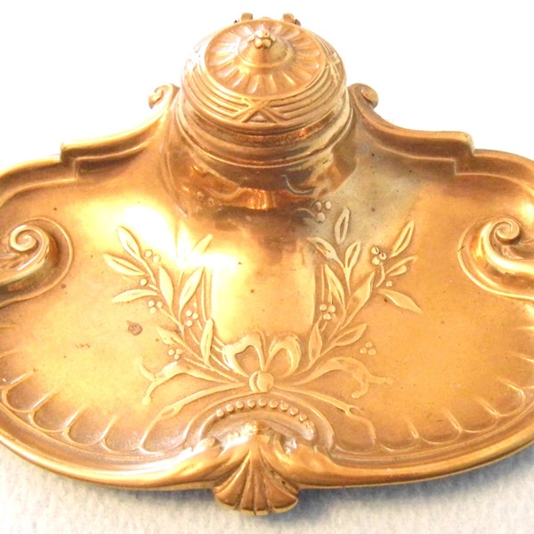 Vintage Collectible Brass Desk Inkwell and Pen Tray, Art Nouveau Shape and Design, Floral Theme, Pottery Inkwell, Quality Made Piece, Desk