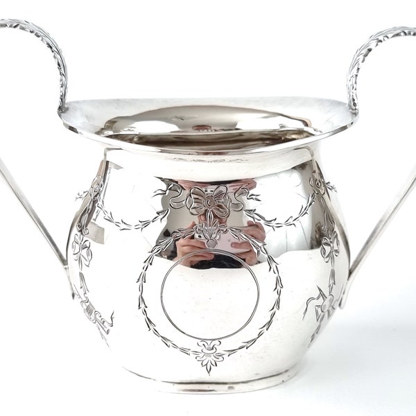 Dainty Silverware, Small Silver Sugar Bowl, Bachelor Sterling Silver, Floral Garlands, Ribbon Bows, George Nathan & Ridley Hayes, Edwardian