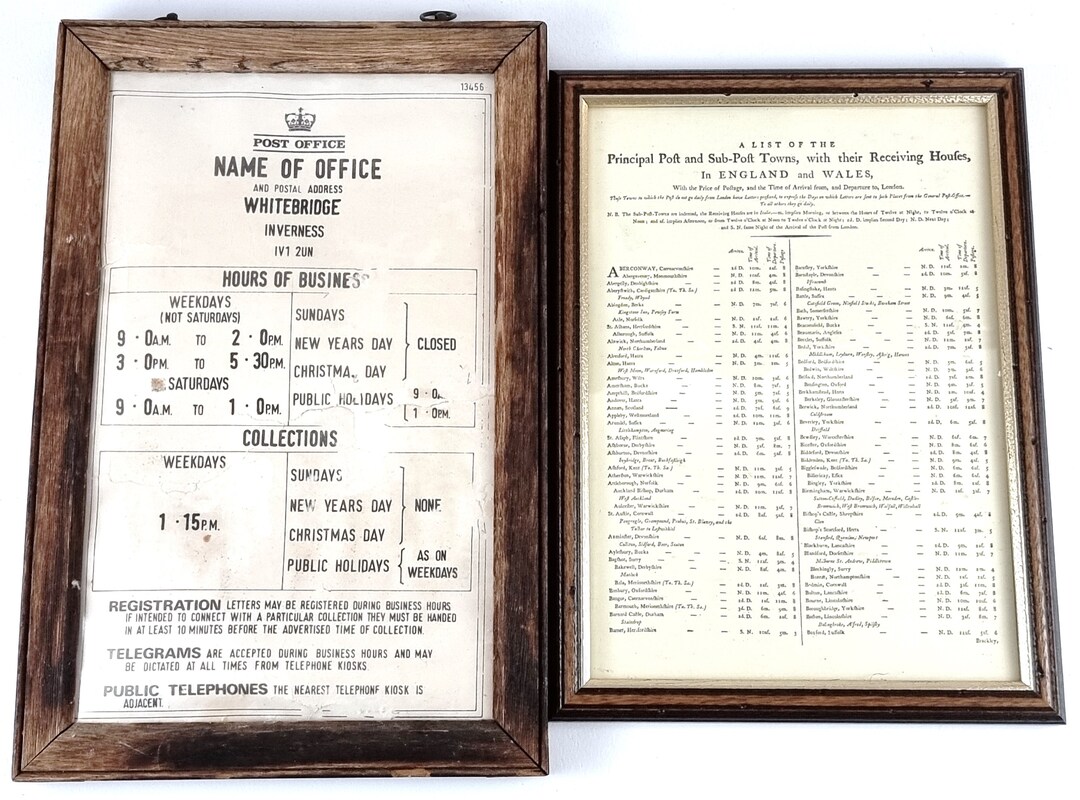 Post Office Memorabilia, Framed Information, Vintage Notices, Inverness