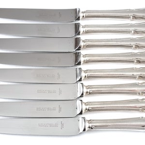 Vajilla elegante, Juego de ocho cuchillos, Cuchillos de postre, Plato de plata, Acero inoxidable, Bexfield Sheffield, Patrón Dubarry, Conjunto elegante