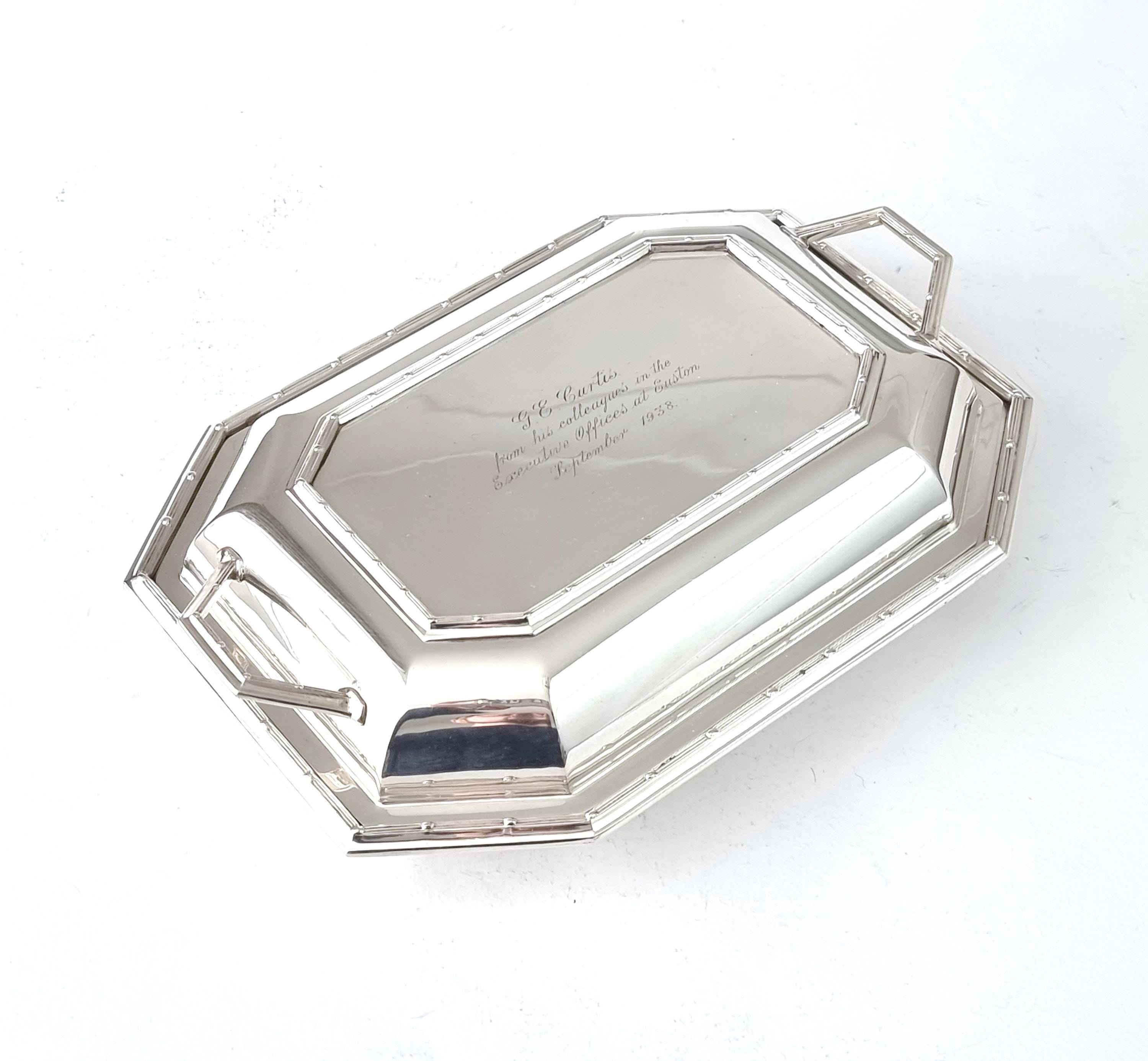 Vintage Presentation, Tureen with Cover, Silver Plate, Octagonal Shape, Art Deco, Offices at Euston, From Colleagues, Beautiful Addition