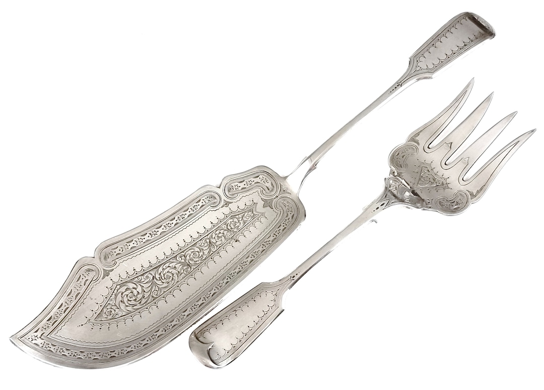 Beautiful Antique Flatware, Pair of Fish Servers, Silver Plate, Fiddle ...