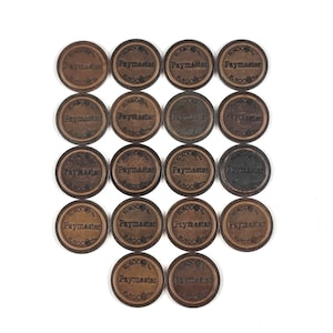 May include: A collection of twenty brown, circular tokens arranged on a white background. Each token has the text "Paymaster" and "EURO C" printed on it. The tokens have a metallic appearance.