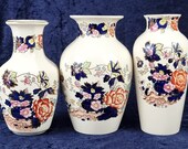 Trio of Vases, Mason 39 s Ironstone, Mandarin Pattern, Modern Chinoiserie, Flower Display, Colorful Vases, Imari Palette, Largest 8 Inches