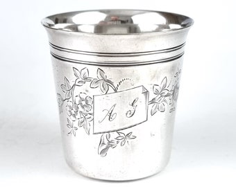 WORN Inside, Antique Child's Beaker, Christening Cup, Ercuis France, Silver Plate, Floral Tableware, 2 3/4 Inches Height, Traditional Gift