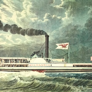 FREE POST - Vintage Historical Print, Colored Bookplate, The Milwaukie, American Steamboat, Buffalo Lighthouse, Maritime History, Nautical