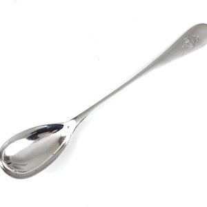 May include: A silver spoon with a long handle and a rounded bowl. The handle has a decorative design.