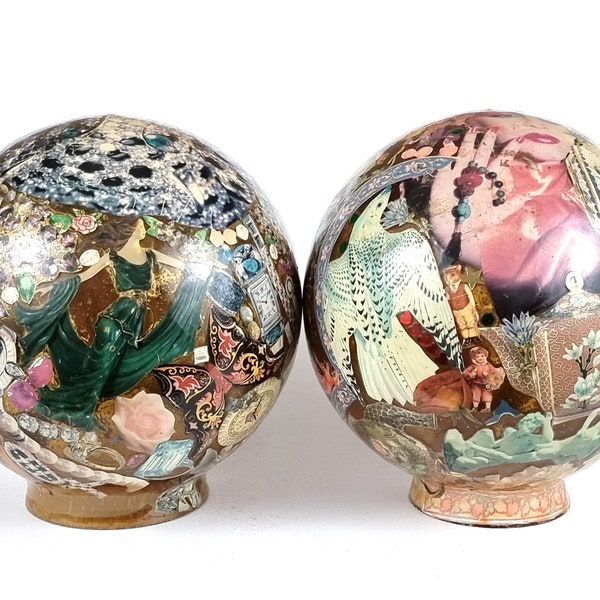 Pair of Glass Globes, Vintage Decoupage, Hand Decorated, Statement Pieces, Interior Design, Unusual Domes, Kitsch Decor, Striking Feature