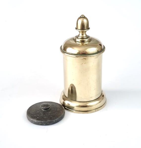 brass tobacco jar with Hand Painted Blue Lid from Delft, 1950s Small Brass Container, Tobacco Pot,