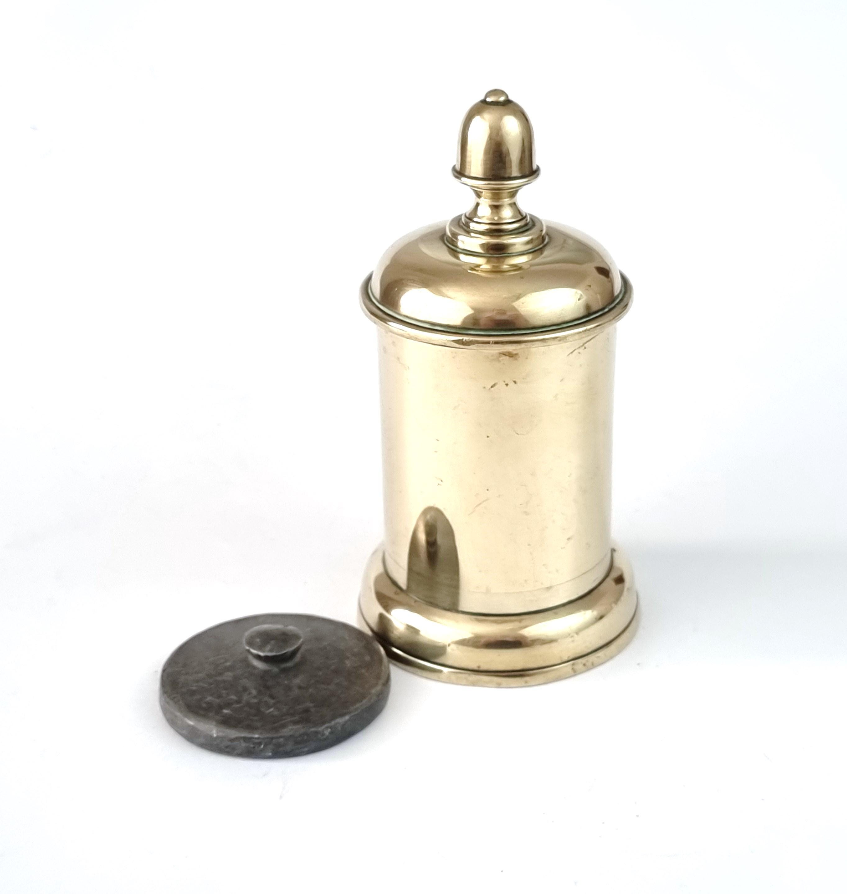 Small Brass Container, Tobacco Pot, With Lead Tamper, Acorn Finial