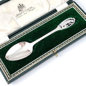 Vintage Cased Christening Spoon, Engraved Isobel, Sterling Silver Spoon, Woman with Dog, Art Deco, Family Silver, Josiah Williams, Unique
