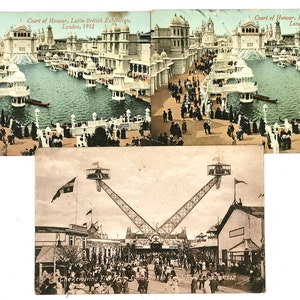 Antiquités historiques, cartes postales antiques, exposition latine britannique de 1912, Cour d’honneur, Tour flip-flap, manège, éphéméride antique