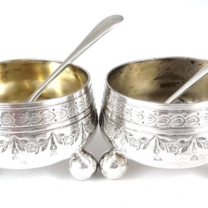 Inside Faults, Pair of Antique Salts, Initialed Bases, Ball Feet, Silver Plate, Salts with Spoons, Cruet Pots, Floral Tableware, Decorative