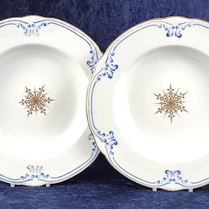 Pair of Soup Plates, Mid 19th Century, Chamberlain & Co, Gilded Center, Blue Edging, Royal Worcester, Decorative Dinnerware, Victorian Home