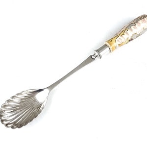 Puede incluir: Una cuchara de azúcar de plata con un cuenco decorativo en forma de concha y un mango de cerámica con un patrón floral en tonos blancos, amarillos y marrones.