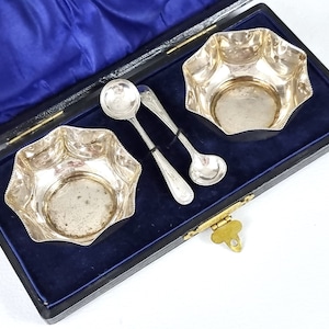 Traditional Tableware, Pair of Salts, Cased Salts, Silver Plate, Matched Spoons, Octagonal Shapes, Small Additions, Elegant Dinnerware