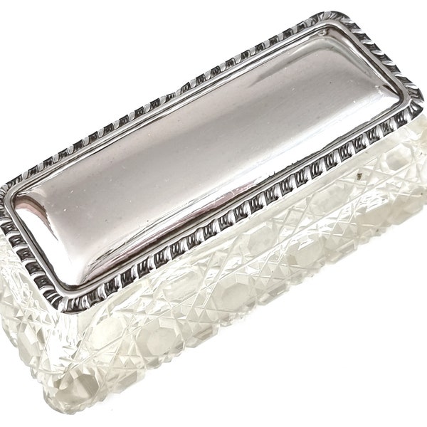 Antique Toiletry Jar, Sterling Silver Top, Pin Dish, Hobnail Glass, Levi & Salaman, Dresser Table, Rectangular Shape, Late Victorian, 1900