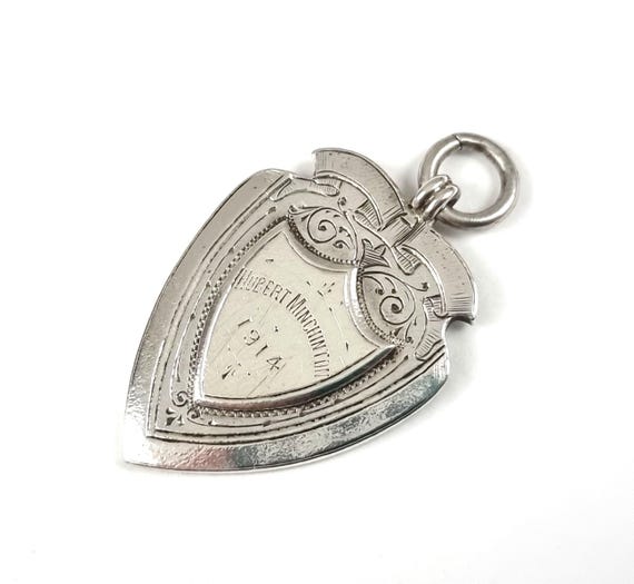Silver Fob Medal, Sterling Pendant, 39mm Drop, Shield Shape, Engraved Name, Dated 1914, Vaughton Birmingham, Historical Look, Jewelry Idea