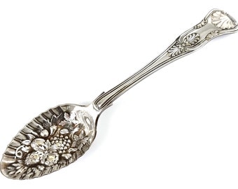 Decorative Spoon, Antique Berry Spoon, Small Fruits, Silver Plate, Kings Pattern, Raised Fruit, Crimped Edge, Table Decoration, Unique Spoon