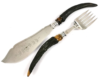 Antike paar Fisch-Server, SilberPlatte, Geweih Griffe, Sterling Ferrules, William Beatson, Blumenspray, Edwardian Präparatoren, einzigartig