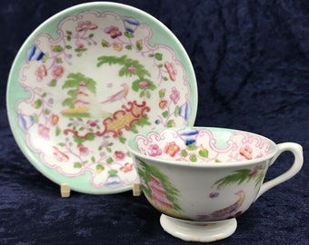 Small Antique Cup and Saucer, G F Bowers, Mid Victorian, Chinoiserie, Chinese Japan, Colorful Antique, Unique Miniatures, Cabinet Duo, Chic