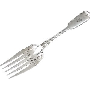 May include: A silver fork with an ornate design and a handle featuring a crest. The fork has four prongs and is designed for serving food.