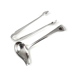 May include: A stainless steel ice tong and a ladle are displayed against a white background. The ice tong has a curved design with rounded tips. The ladle has a rounded bowl and a long handle. The items are likely for bar or kitchen use.