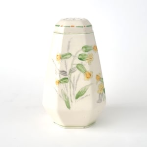 Vintage sockerkrut, keramiskt strö, Crown Devon, älggräsmönster, blommigt porslin, vilda blommor, grönt och gult, art déco, dekor