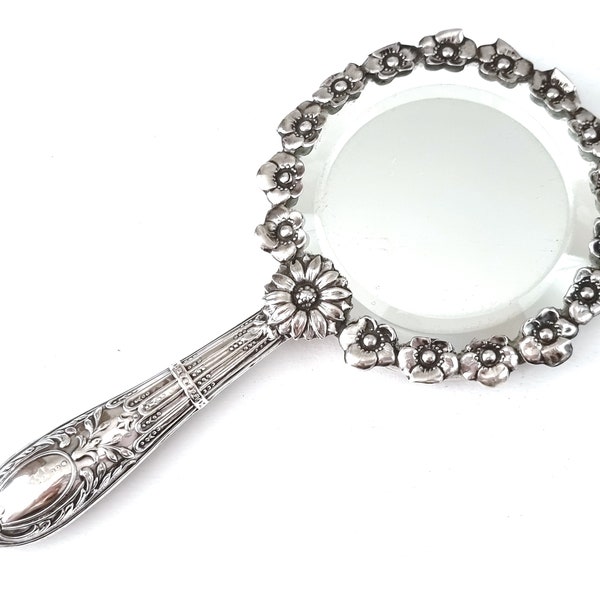 SMALL Hand Mirror, Portuguese Silver, 833 Silver, Floral Edge, Beveled Glass, Dresser Table, Vintage Addition, Vanity Item, Flower Head Edge