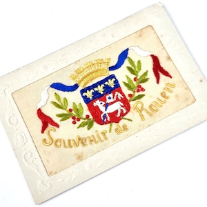 Eerste Wereldoorlog, Zijden Ansichtkaart, Franse Ephemera, De Grote Oorlog, Souvenir De Rouen, Rood Wit en Blauw, Kleurrijke Kaart, Wapenschild, Evenement