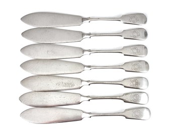 Vintage Hotelware, Set of Seven, Fish Cutlery Knives, WORN Silver Plate, Coburg Court Hotel, William Gallimore, Old English Fiddle, History