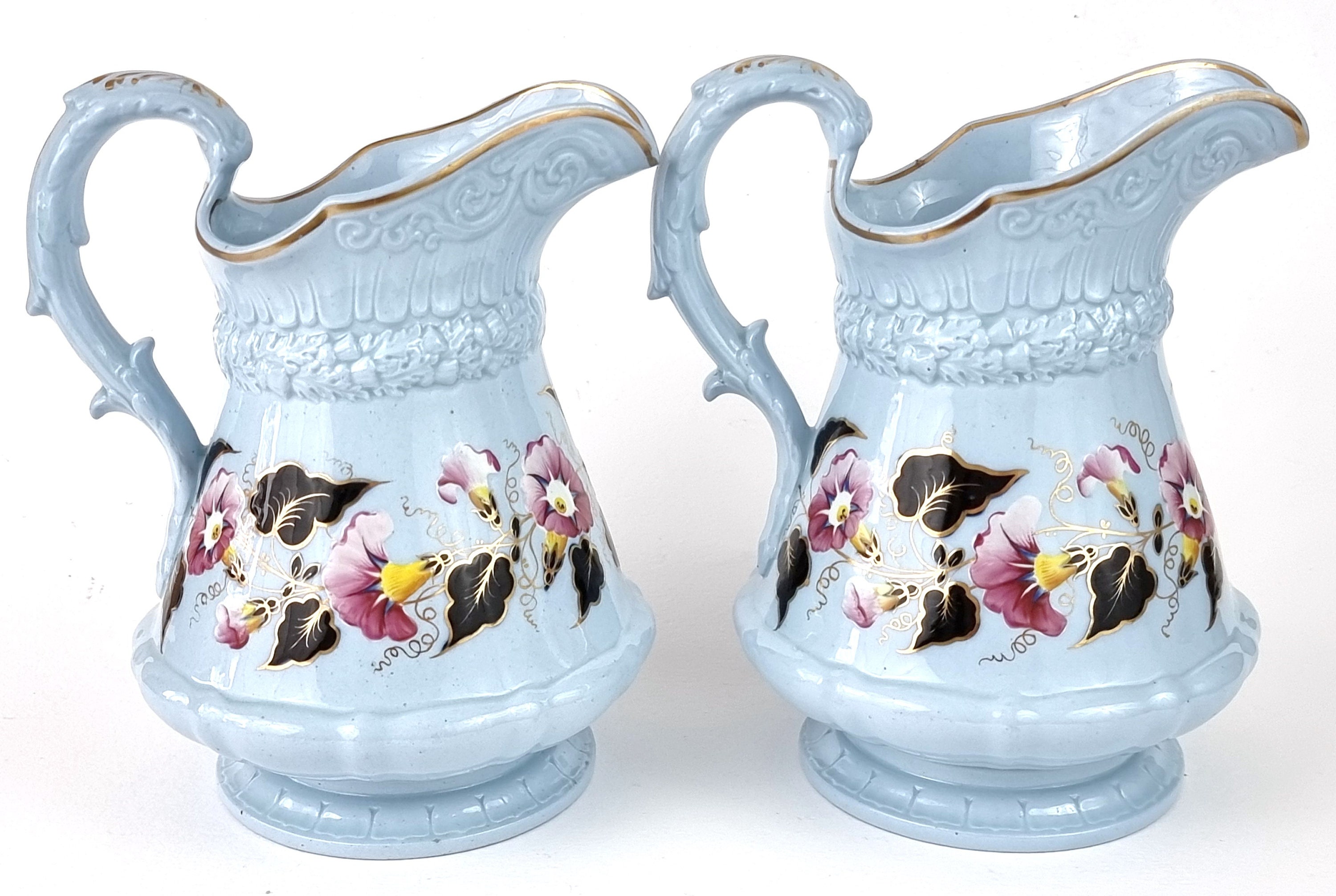 Beautiful Pair of Jugs, Antique Pitchers, W Ridgway, Light Blue