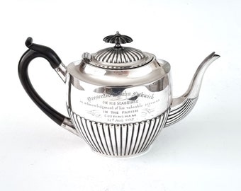 Presentation Teapot, Antique Teapot, Silver Plate, Half Ribbed, Ebonised Handle, Marriage Gift, Cottingham Parish, Victorian Decor, Elegant