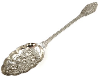 Antique Serving Spoon, Large Berry Spoon, Nickel Silver, Raised Fruit, Victorian Flatware, Table Addition, Serving Flatware, Elegant Item