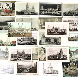 Antike Postkarten, Job Lot, 1908 Ausstellung, französisch-britische, Flip Flap Ride, malerische Ansichten, Sozialgeschichte, Edwardian Home, alte Ephemera