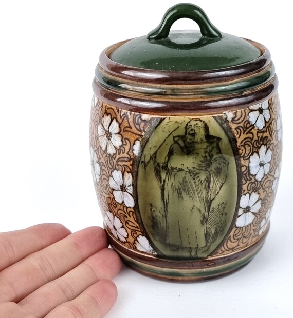 royal doulton tobacco jar Matched Lid, Vintage Tobacco Jar, Ceramic Container, Royal Doulton, Ethel  Beard, Jovial Monk, Monk Pattern, Floral Addition, Art Deco Piece