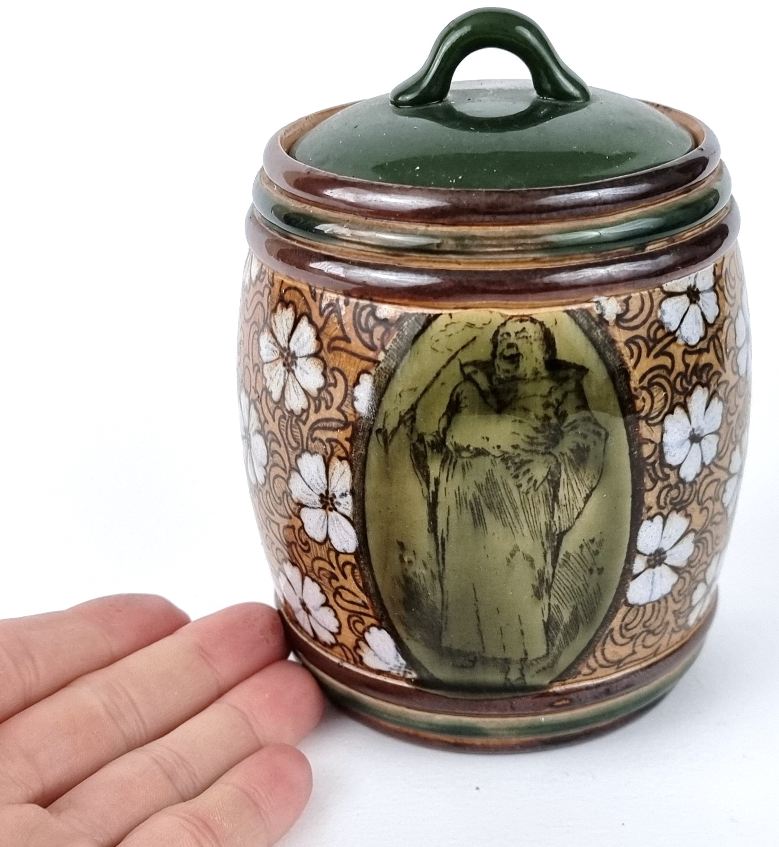 Matched Lid, Vintage Tobacco Jar, Ceramic Container, Royal Doulton, Ethel Beard, Jovial Monk, Monk Pattern, Floral Addition, Art Deco Piece