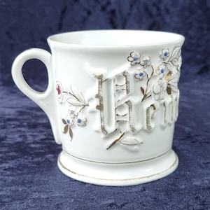 WORN Gilding, Antique Mug, Raised Text, Remember Me, Forget Me Nots, Blue Flowers, Sentimental Antique, In Remembrance, 19th Century, Rare