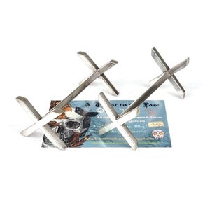 May include: Three silver metal crosses, each with a simple X shape, are arranged on a card with a skull and crossbones design. The card reads "A Toast to the Past" and includes the text "Antiques & Curios by Aurelia."