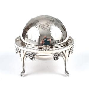 Vintage Tableware, Roll Top Butter Dish, Silver Plate, Glass Liner, Domed Dish, Floral Top, Footed Serving, 4 1/2 Inches Height, Elegant