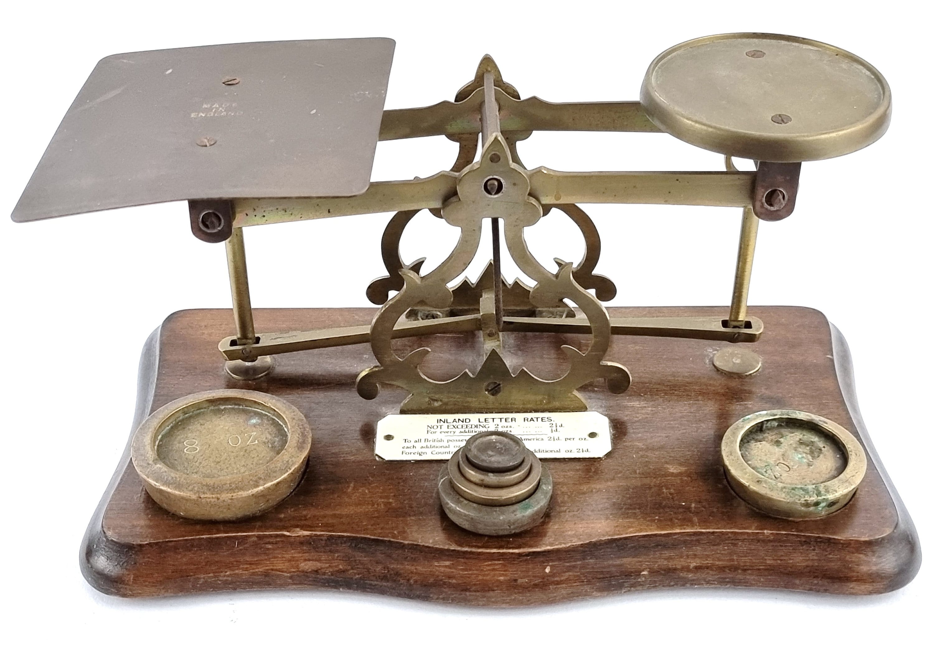 Antique Postal Scales, Letter Scales, Inland Letters, Scales With Weights,  8 Ounce Weight, Wood and Brass, Industrial Look, Desk Feature 