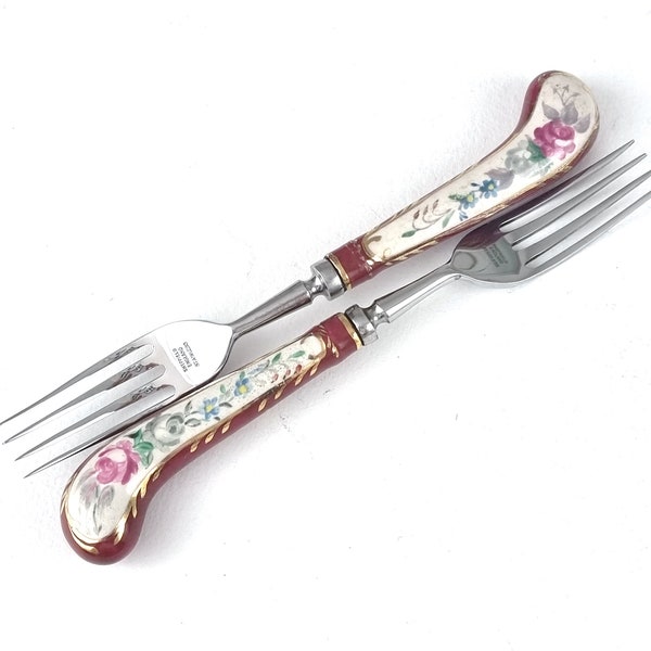 Vintage Flatware, Pair of Forks, Ceramic Handles, Stainless Steel, Floral Sprays, Floral Cutlery, Spare Cutlery, Retro Home, Colorful Flower