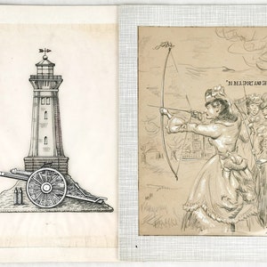 May include: A black and white drawing of a lighthouse with a cannon and wheel in front of it. On the right side of the image is a black and white drawing of three women in dresses, one of whom is holding a bow and arrow. The text "'Tis a sport and show her how to brace it" is written in the drawing.
