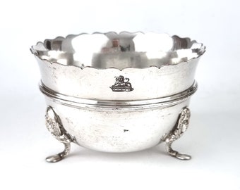 Crested Antique Bowl, Silver on Copper, Gents Head Feet, Lion on Crown Crest, Old Sheffield Plate Style, Sugar Bowl, Home Decor, Historical