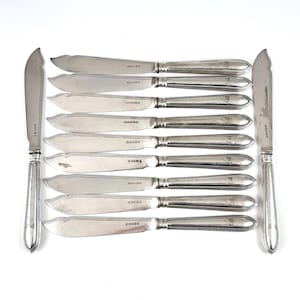WORN Areas, Set of Eleven, Fish Cutlery Knives, Silver Plate, Double Crested, Armorial Flatware, Bead Pattern, Historical Look, 9 1/4 Inches