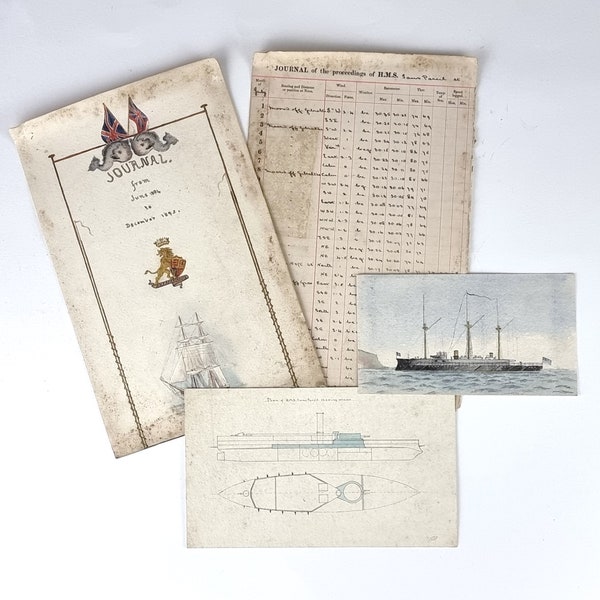 Página de diario único, HMS Sana Pareil, Armada Británica, Efímera victoriana, Pequeña acuarela, Plano de barco, Grupo histórico, Acorazado naval