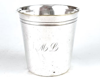 WORN and DENTED, Antique Christening Beaker, Child's Cup, French Silver Plate, 2 3/4 Inches Height, Boulenger Paris, Engraved ML, Decorative